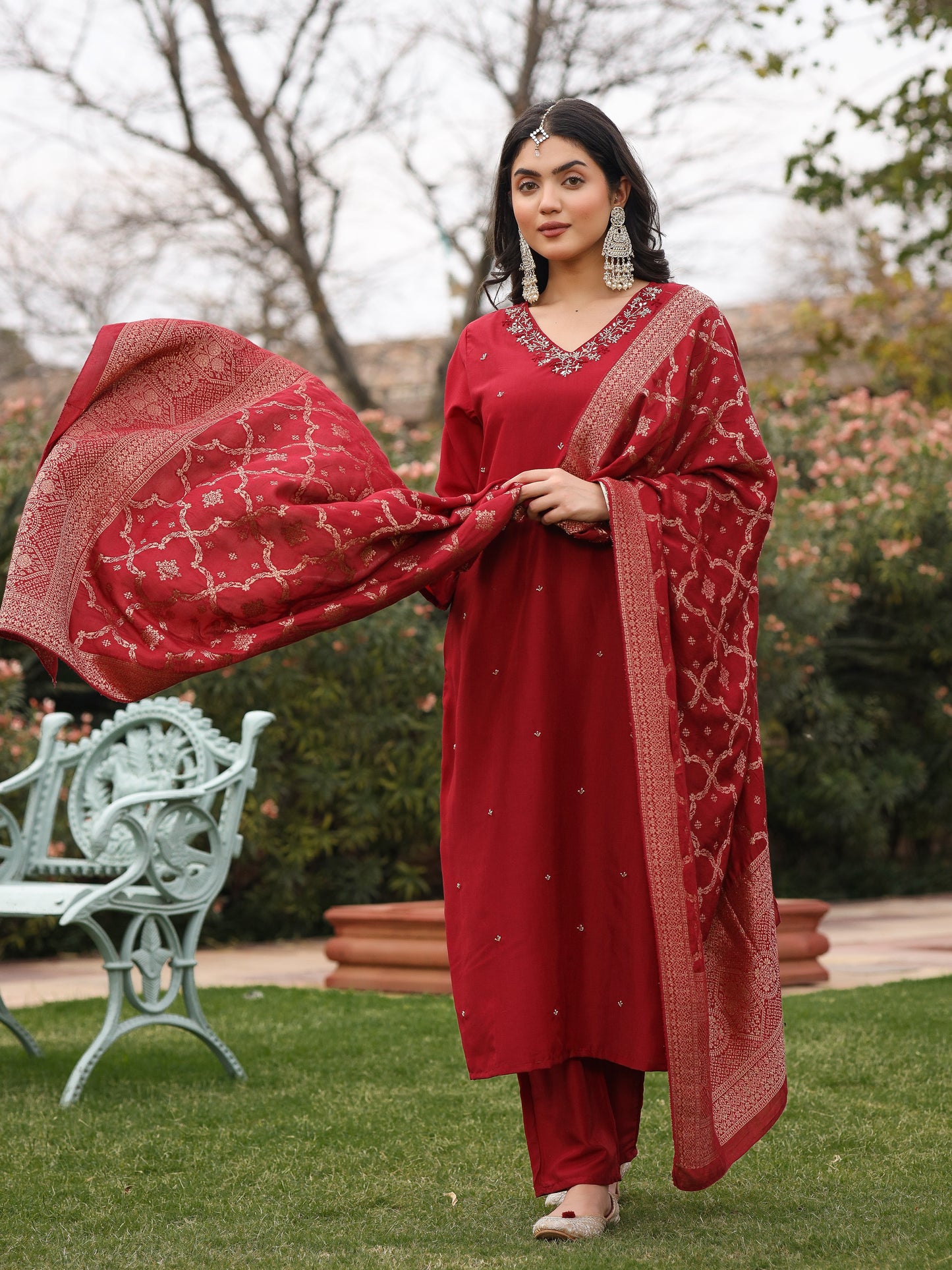 Maroon Muslin Embroidered Suit Set