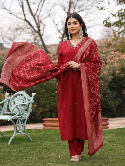 Maroon Muslin Embroidered Suit Set