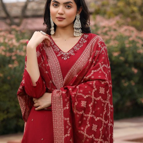 Maroon Muslin Embroidered Suit Set