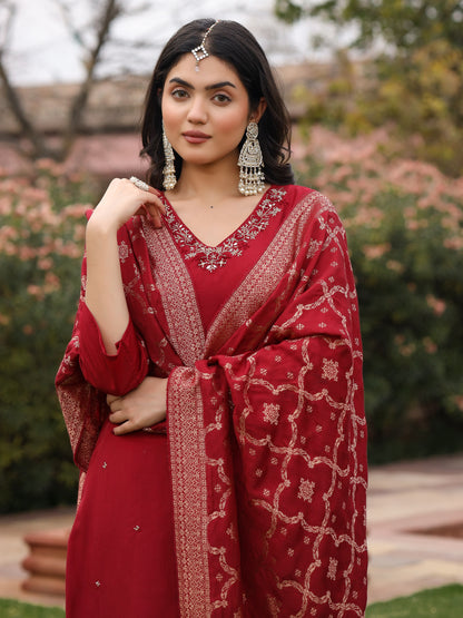 Maroon Muslin Embroidered Suit Set