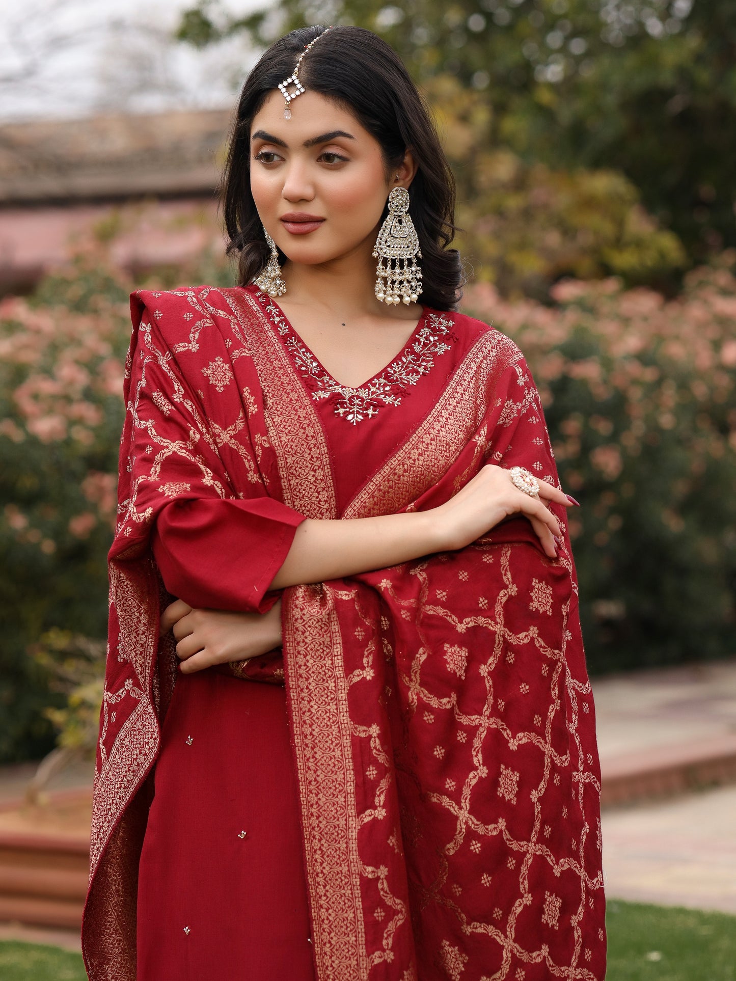 Maroon Muslin Embroidered Suit Set