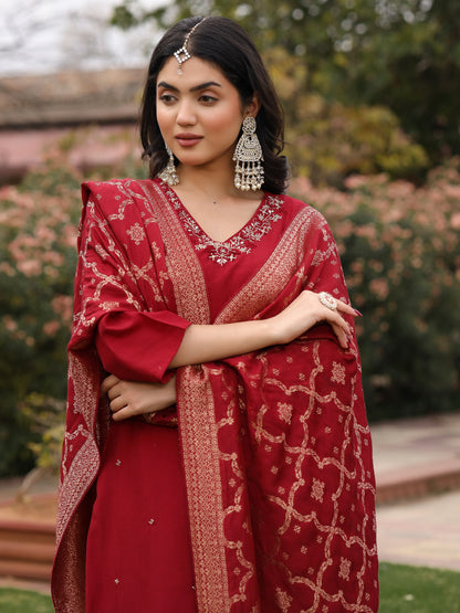 Maroon Muslin Embroidered Suit Set