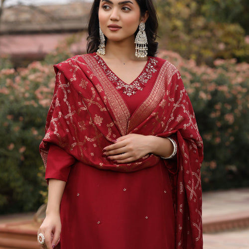 Maroon Muslin Embroidered Suit Set