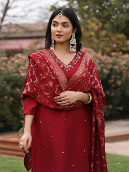 Maroon Muslin Embroidered Suit Set