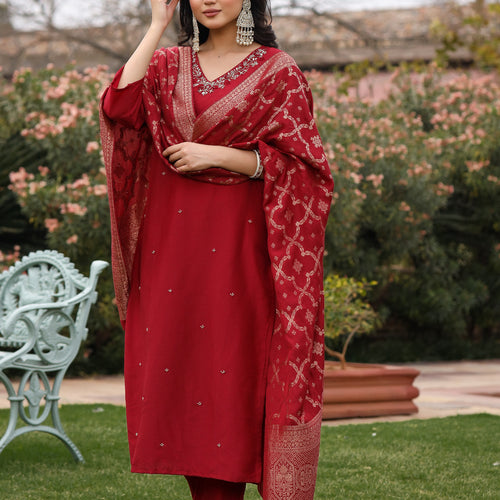 Maroon Muslin Embroidered Suit Set