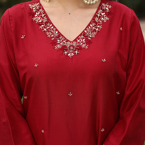 Maroon Muslin Embroidered Suit Set