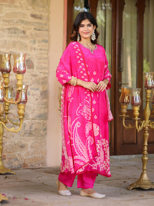 Fuchsia Pink Floral Crepe Suit Set