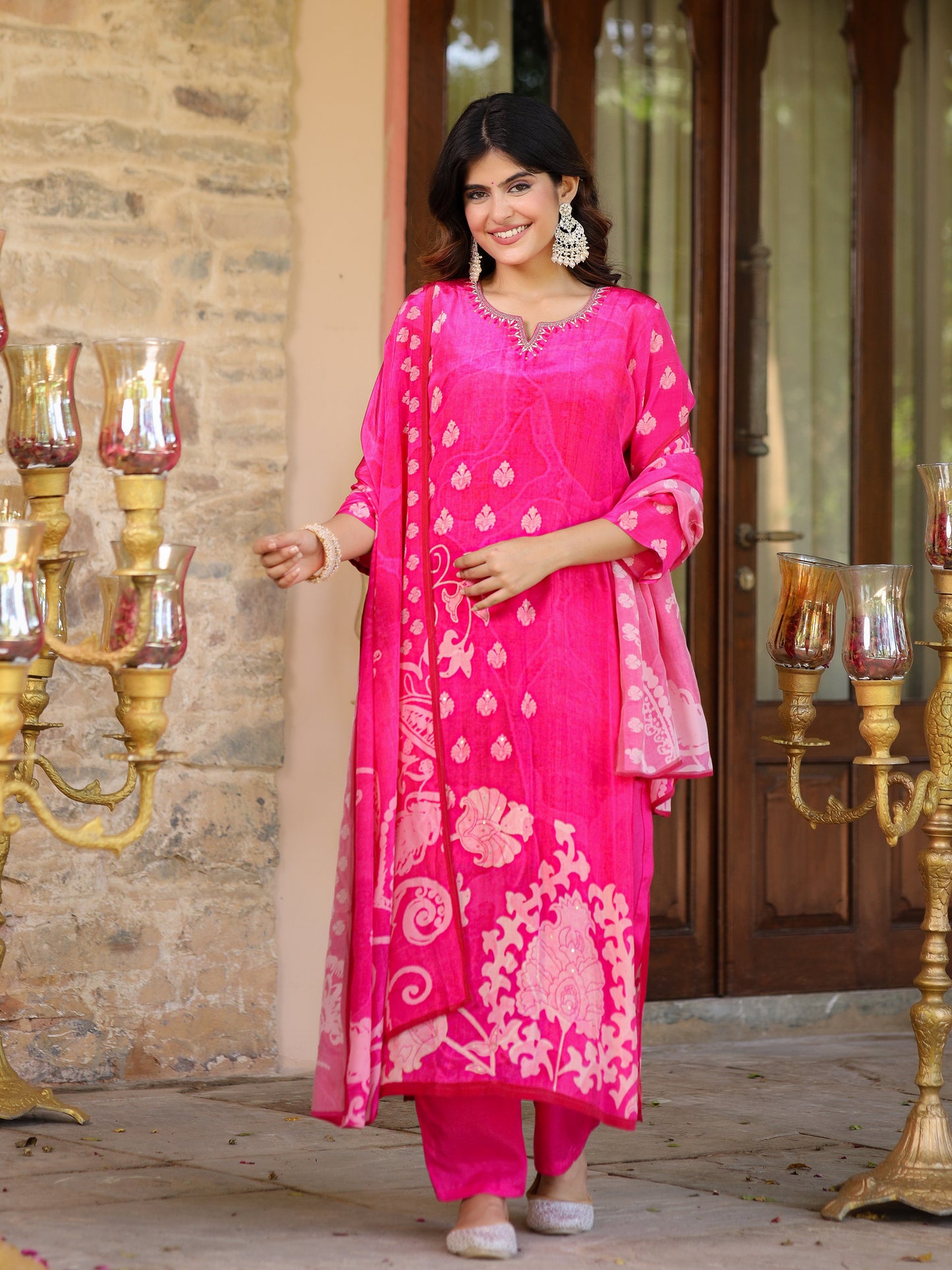 Fuchsia Pink Floral Crepe Suit Set