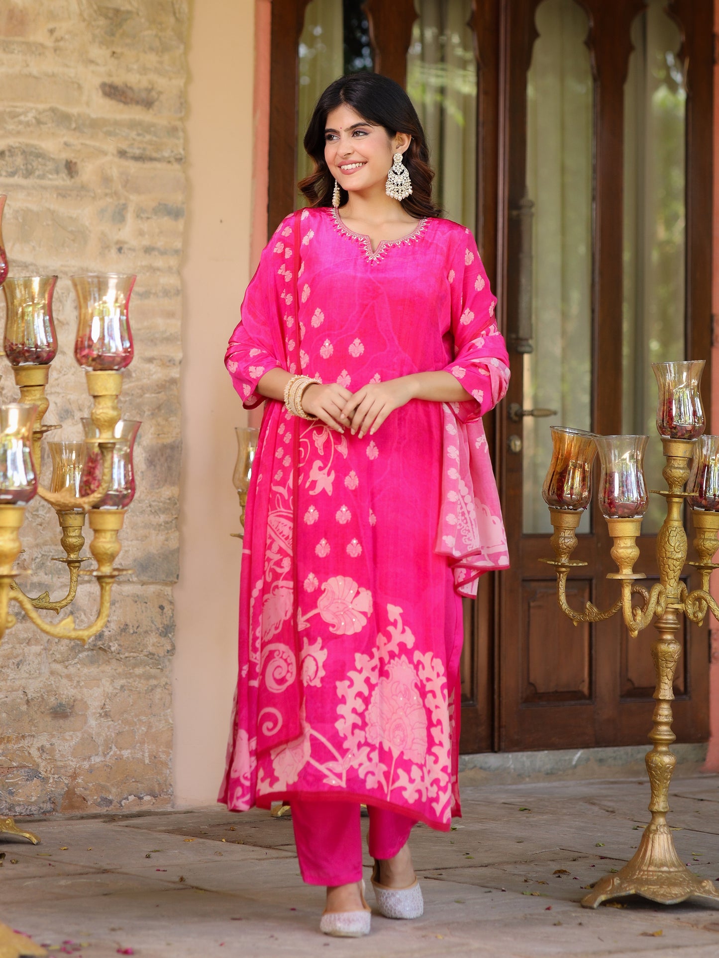 Fuchsia Pink Floral Crepe Suit Set