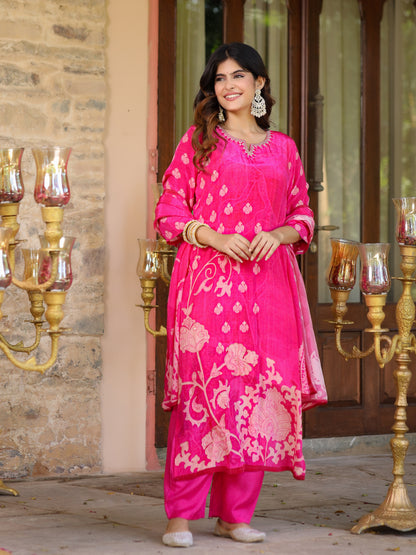 Fuchsia Pink Floral Crepe Suit Set