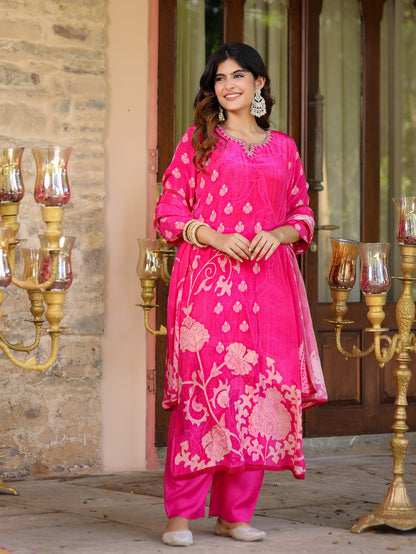 Fuchsia Pink Floral Crepe Suit Set