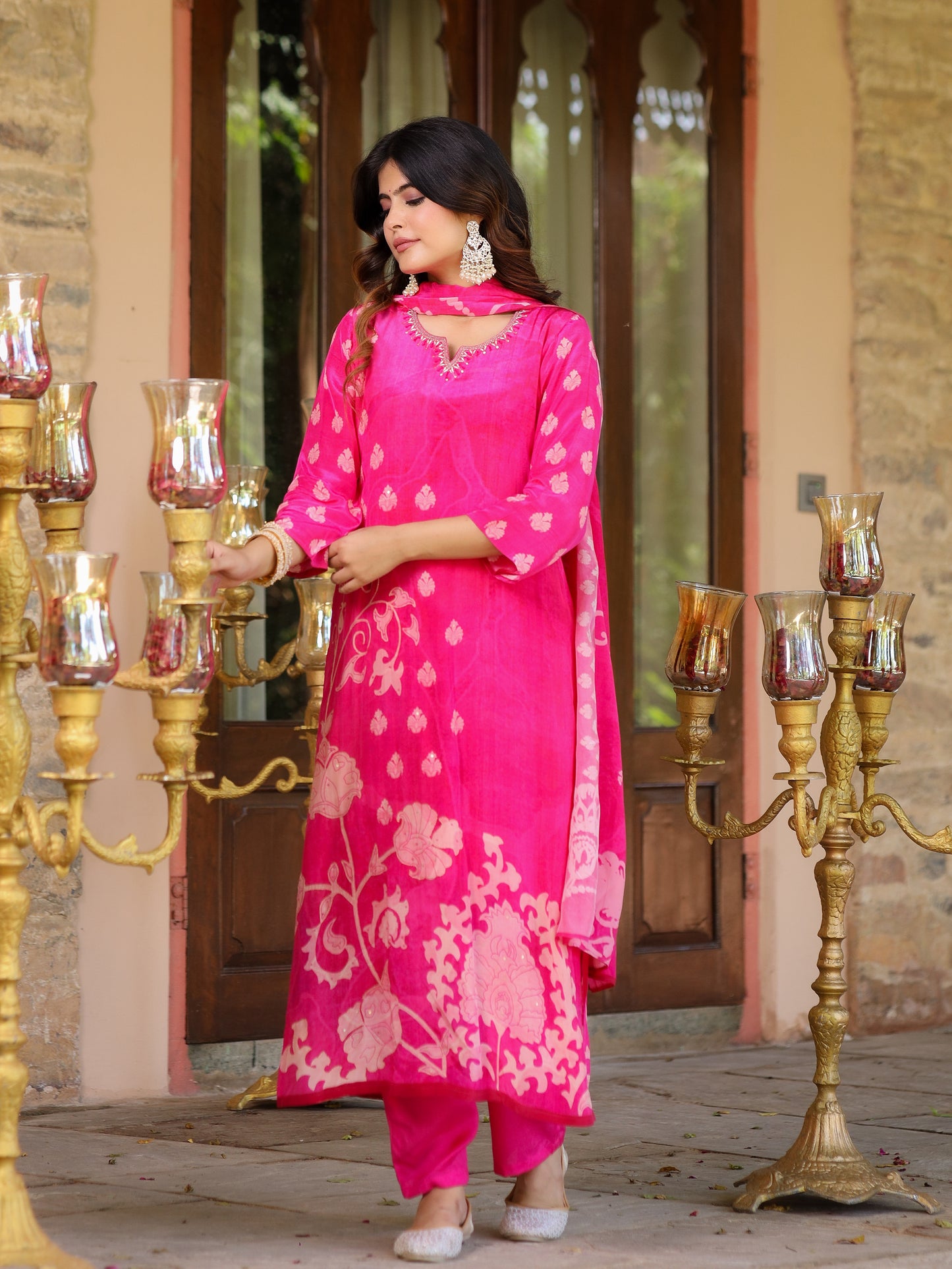 Fuchsia Pink Floral Crepe Suit Set