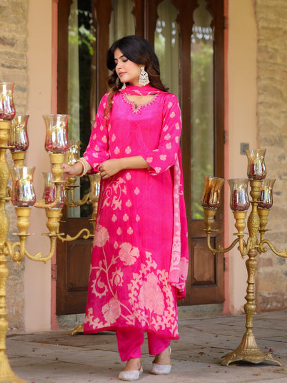 Fuchsia Pink Floral Crepe Suit Set