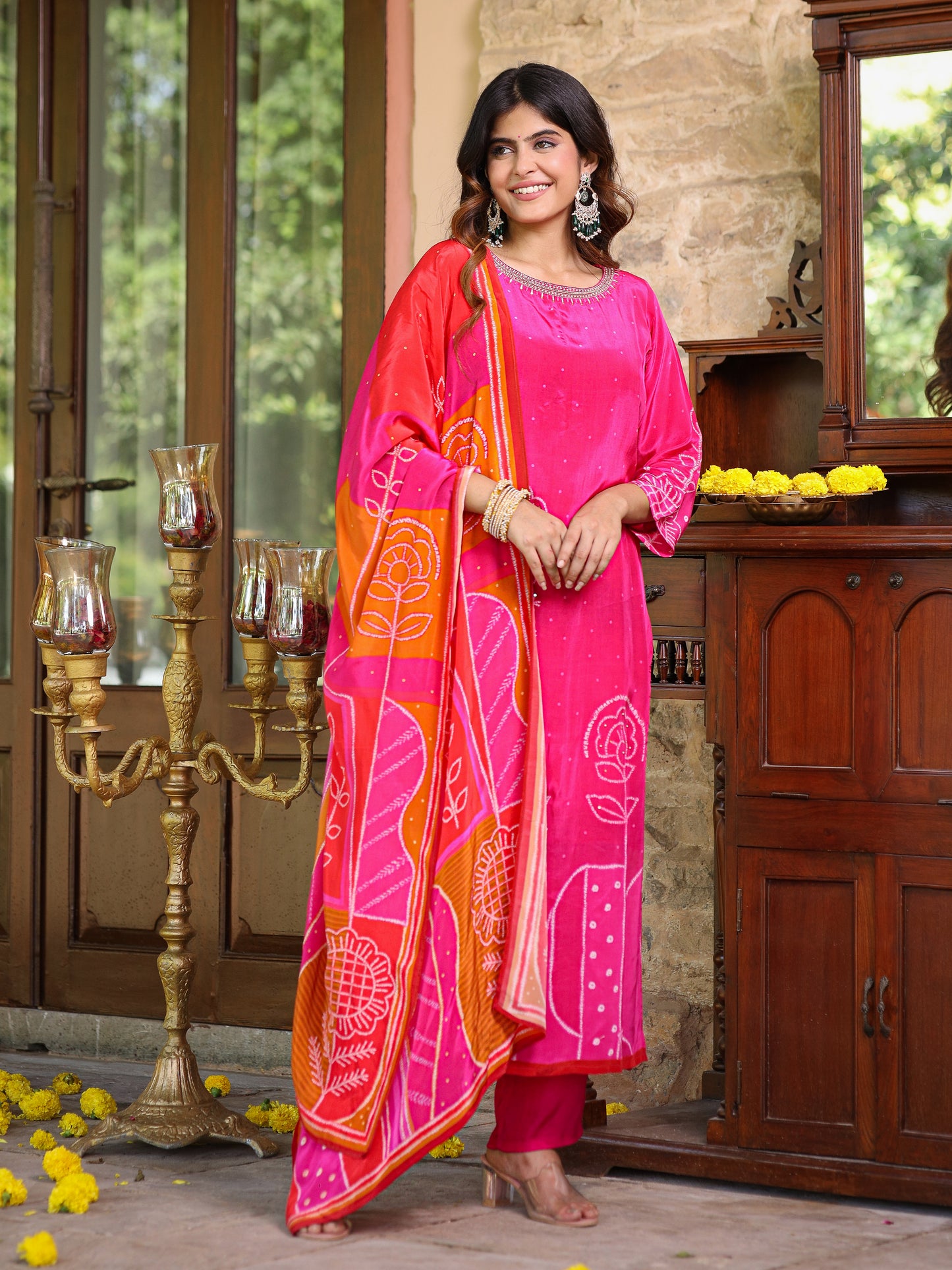 Flamingo Pink Floral Crepe Suit Set