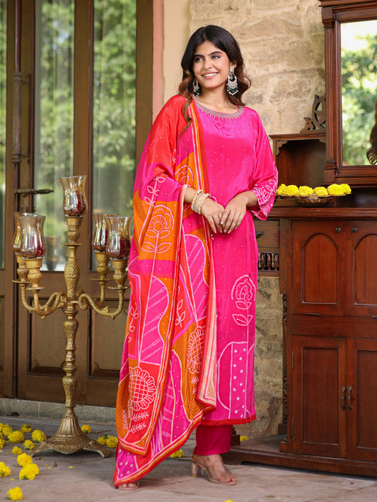 Flamingo Pink Floral Crepe Suit Set