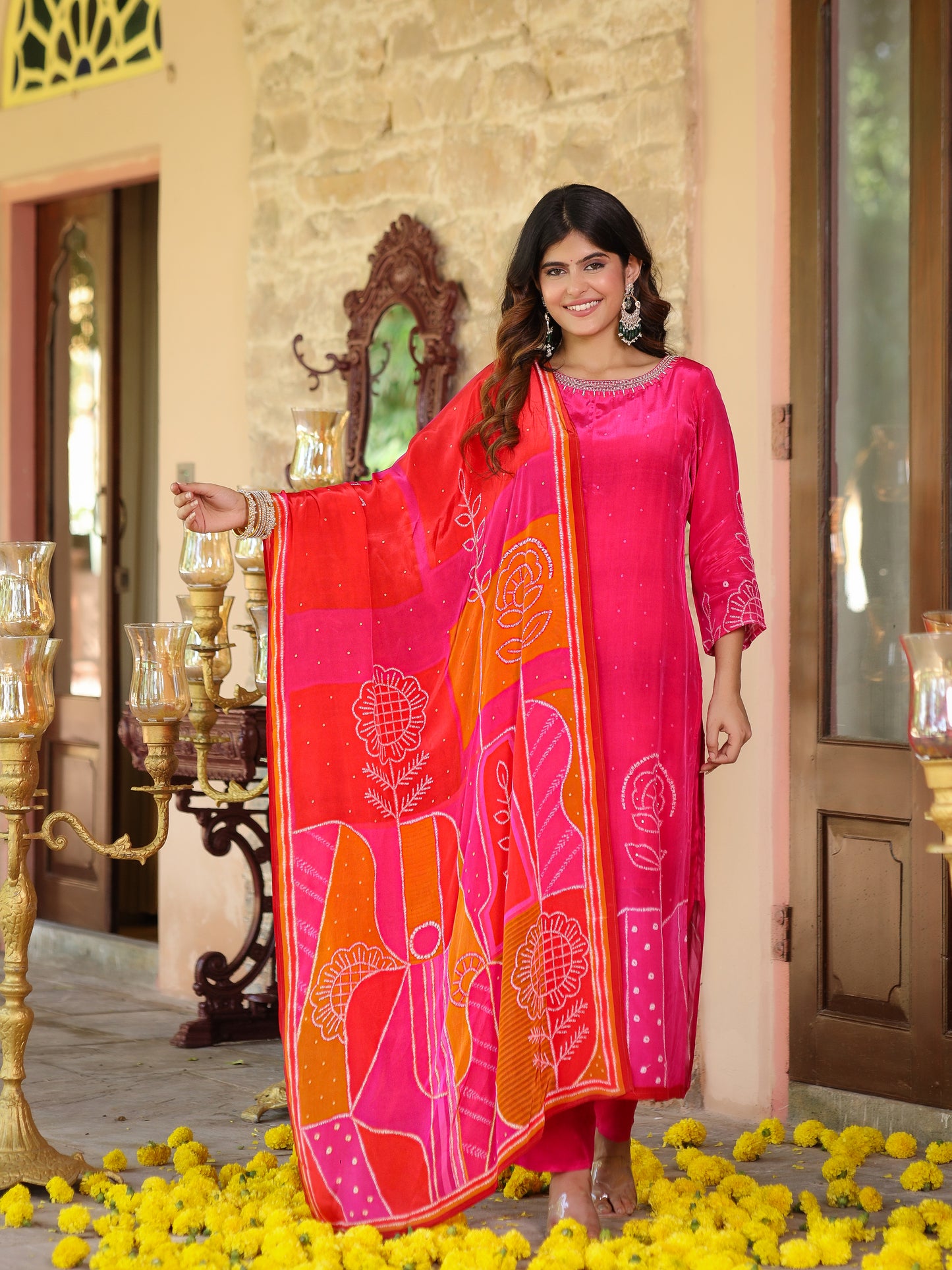 Flamingo Pink Floral Crepe Suit Set