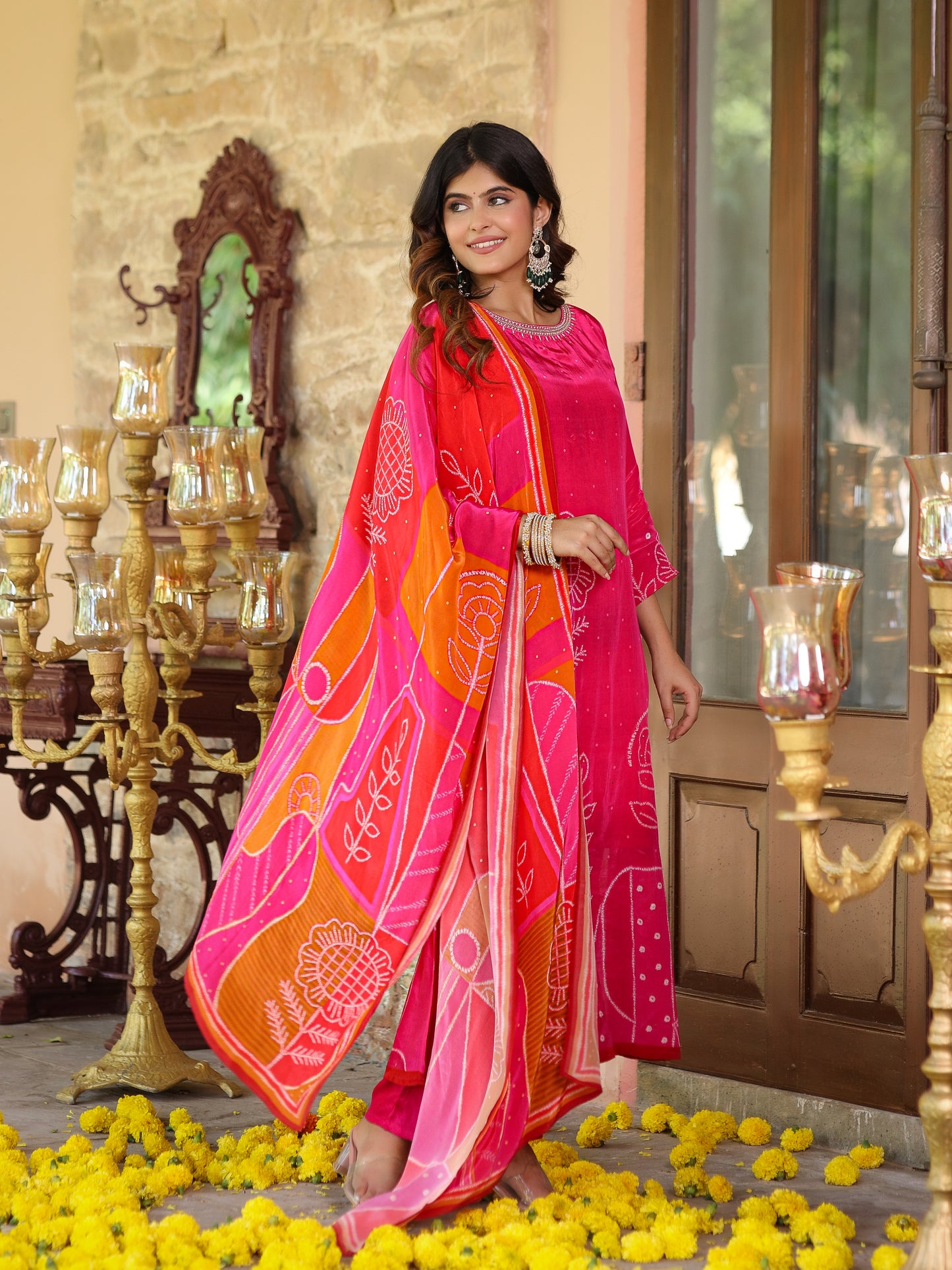 Flamingo Pink Floral Crepe Suit Set