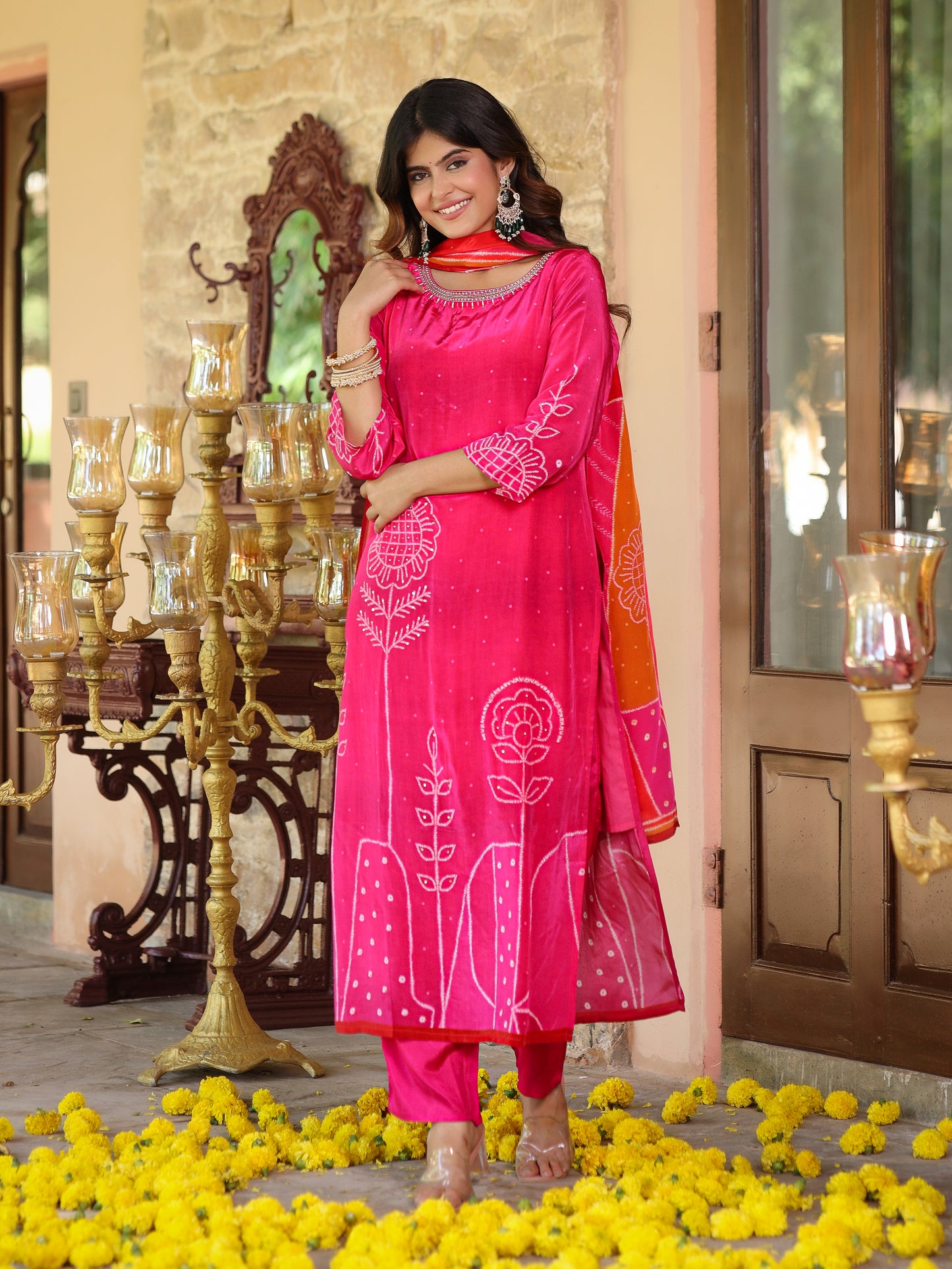 Flamingo Pink Floral Crepe Suit Set