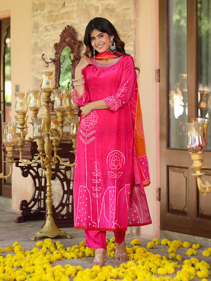 Flamingo Pink Floral Crepe Suit Set