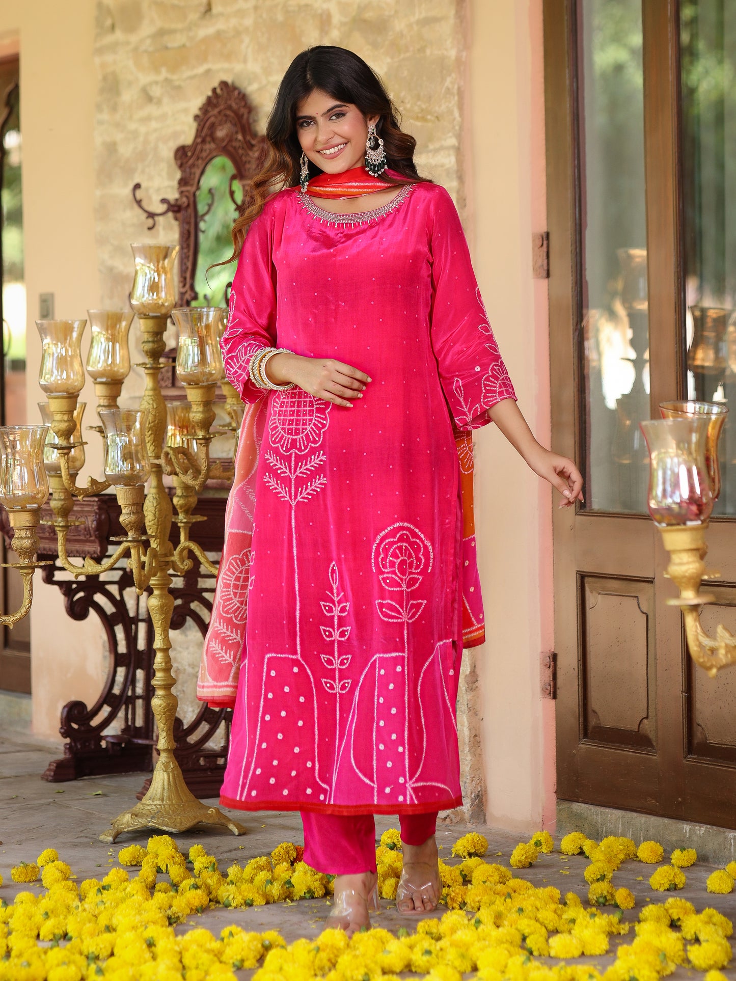 Flamingo Pink Floral Crepe Suit Set