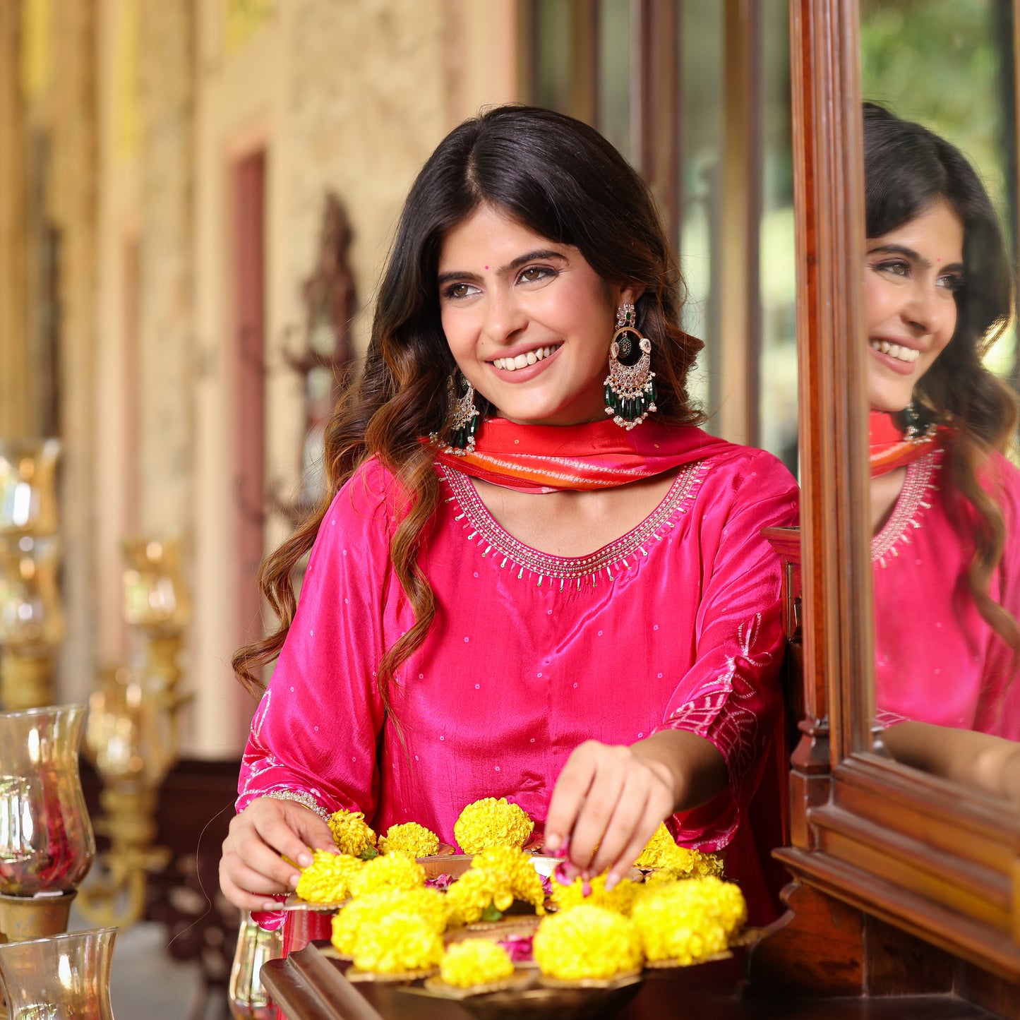 Flamingo Pink Floral Crepe Suit Set