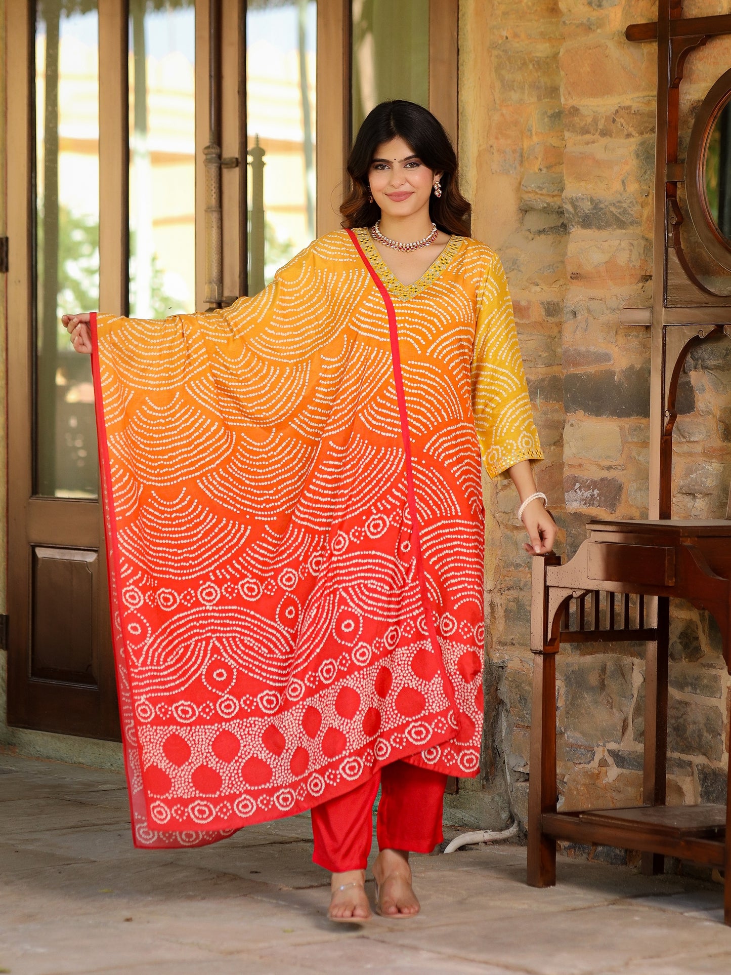 Orange Ombre Bandhni Suit Set