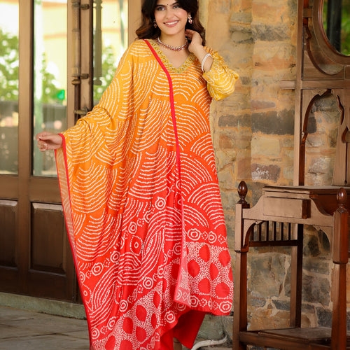 Orange Ombre Bandhni Suit Set