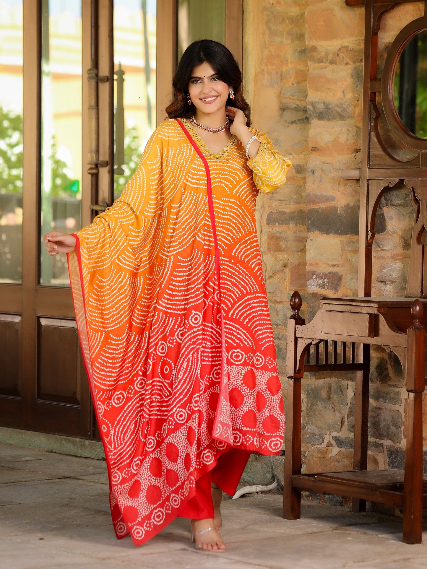 Orange Ombre Bandhni Suit Set