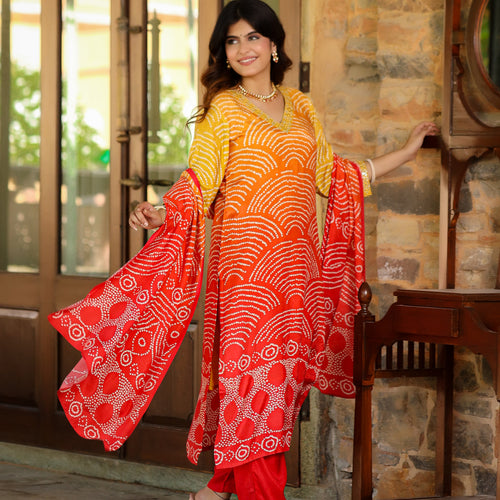Orange Ombre Bandhni Suit Set