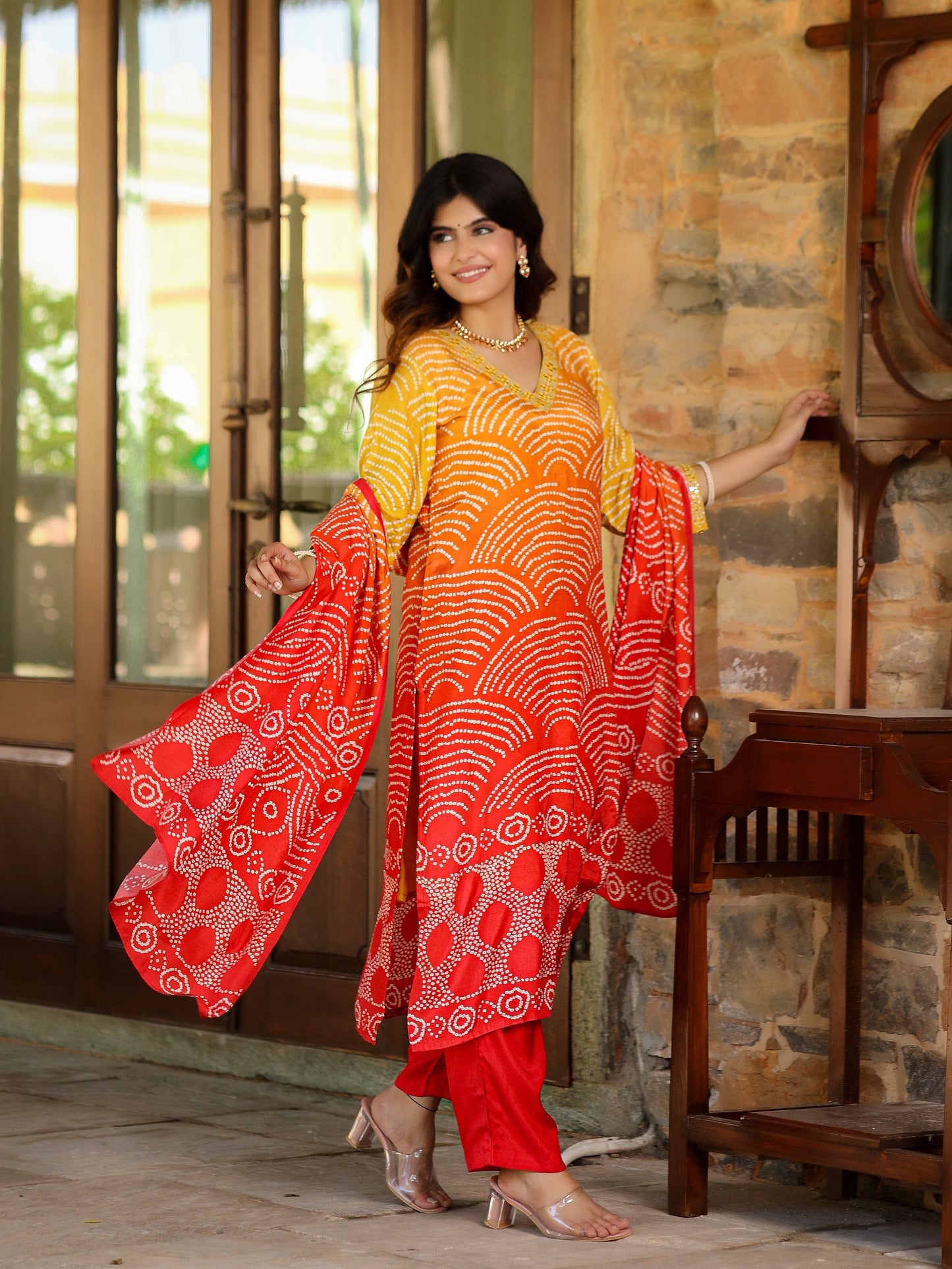 Orange Ombre Bandhni Suit Set