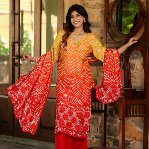 Orange Ombre Bandhni Suit Set