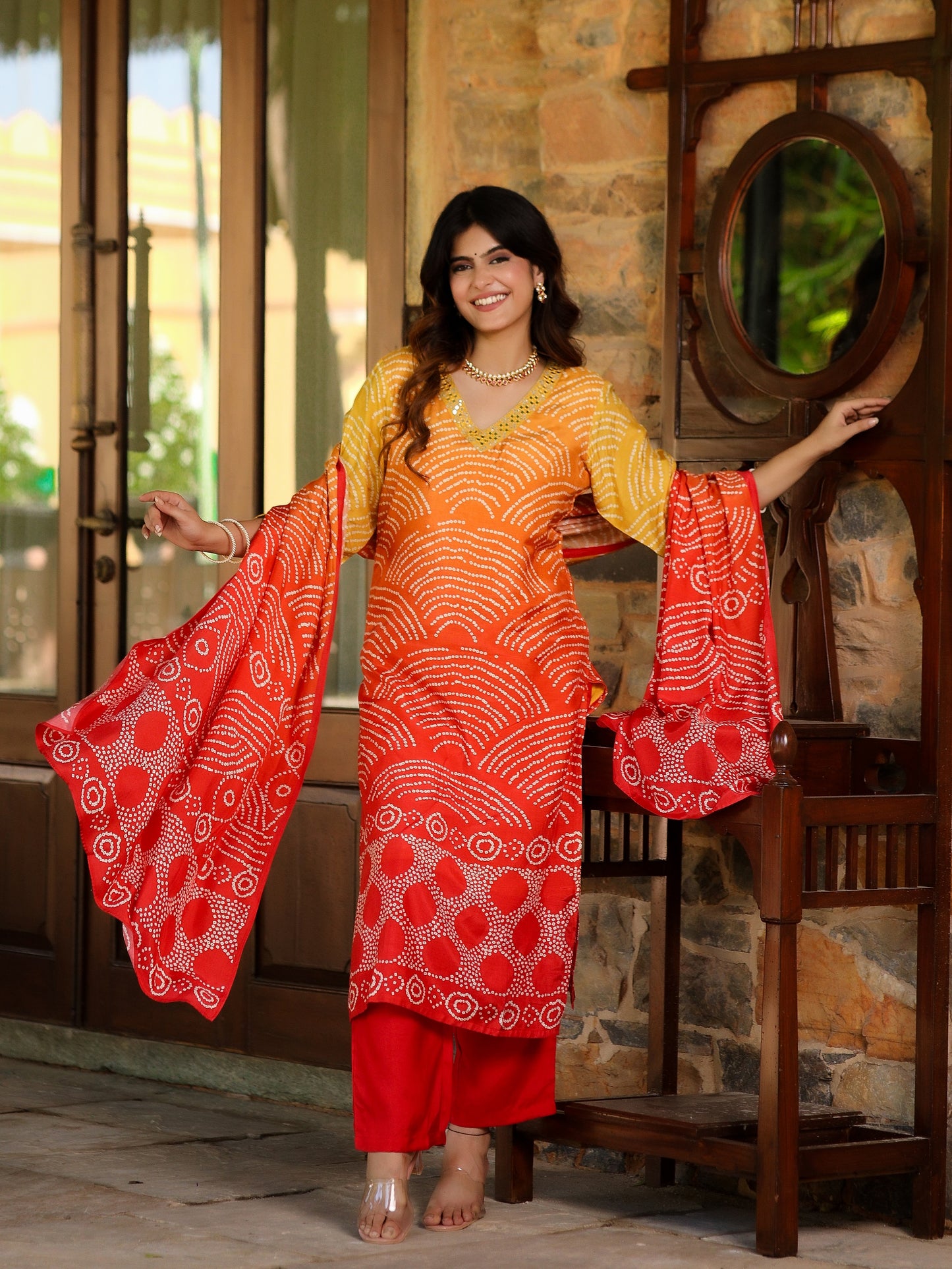 Orange Ombre Bandhni Suit Set