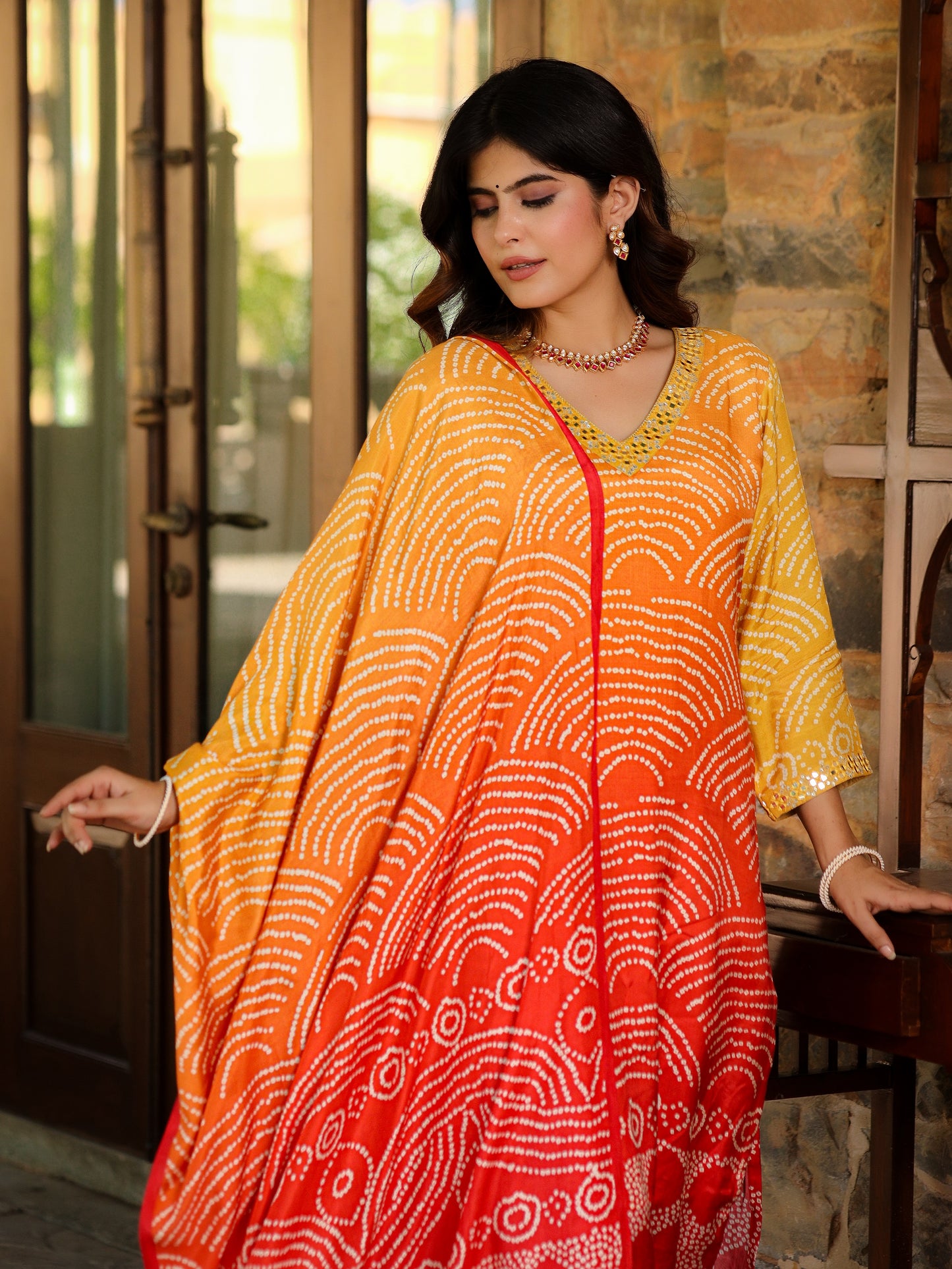 Orange Ombre Bandhni Suit Set