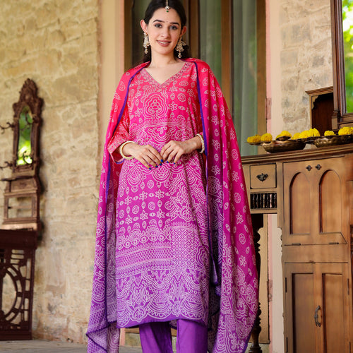 Purple Ombre Bandhni Suit Set