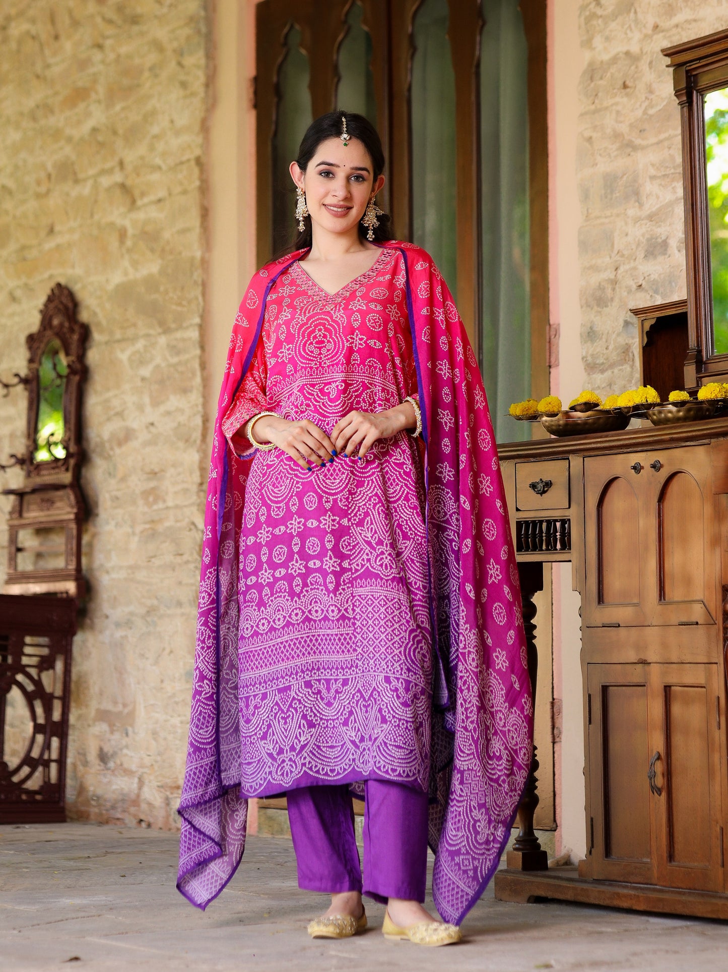 Purple Ombre Bandhni Suit Set