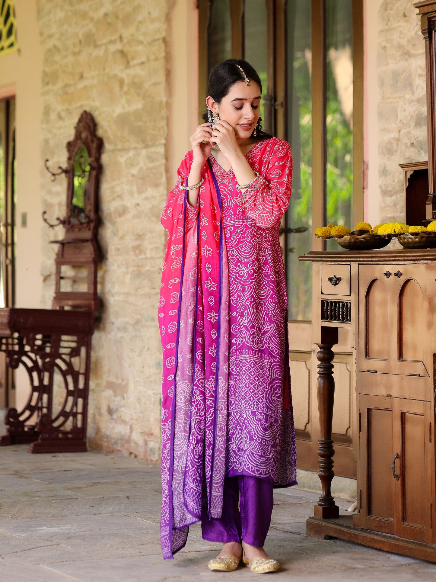 Purple Ombre Bandhni Suit Set