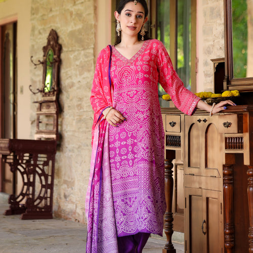 Purple Ombre Bandhni Suit Set