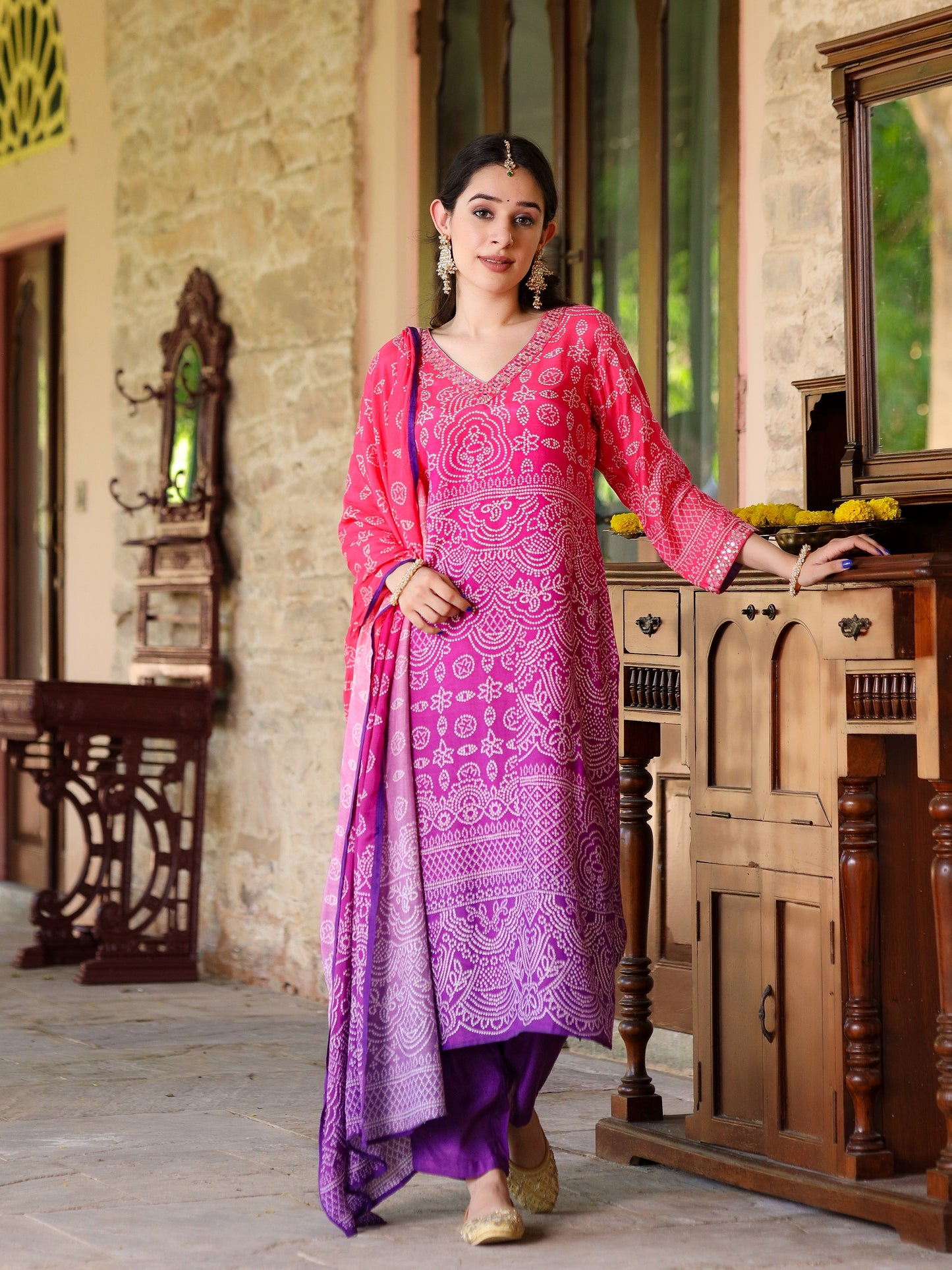 Purple Ombre Bandhni Suit Set