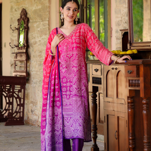 Purple Ombre Bandhni Suit Set