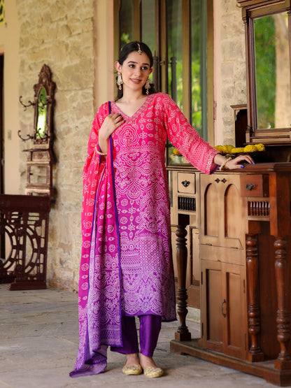 Purple Ombre Bandhni Suit Set