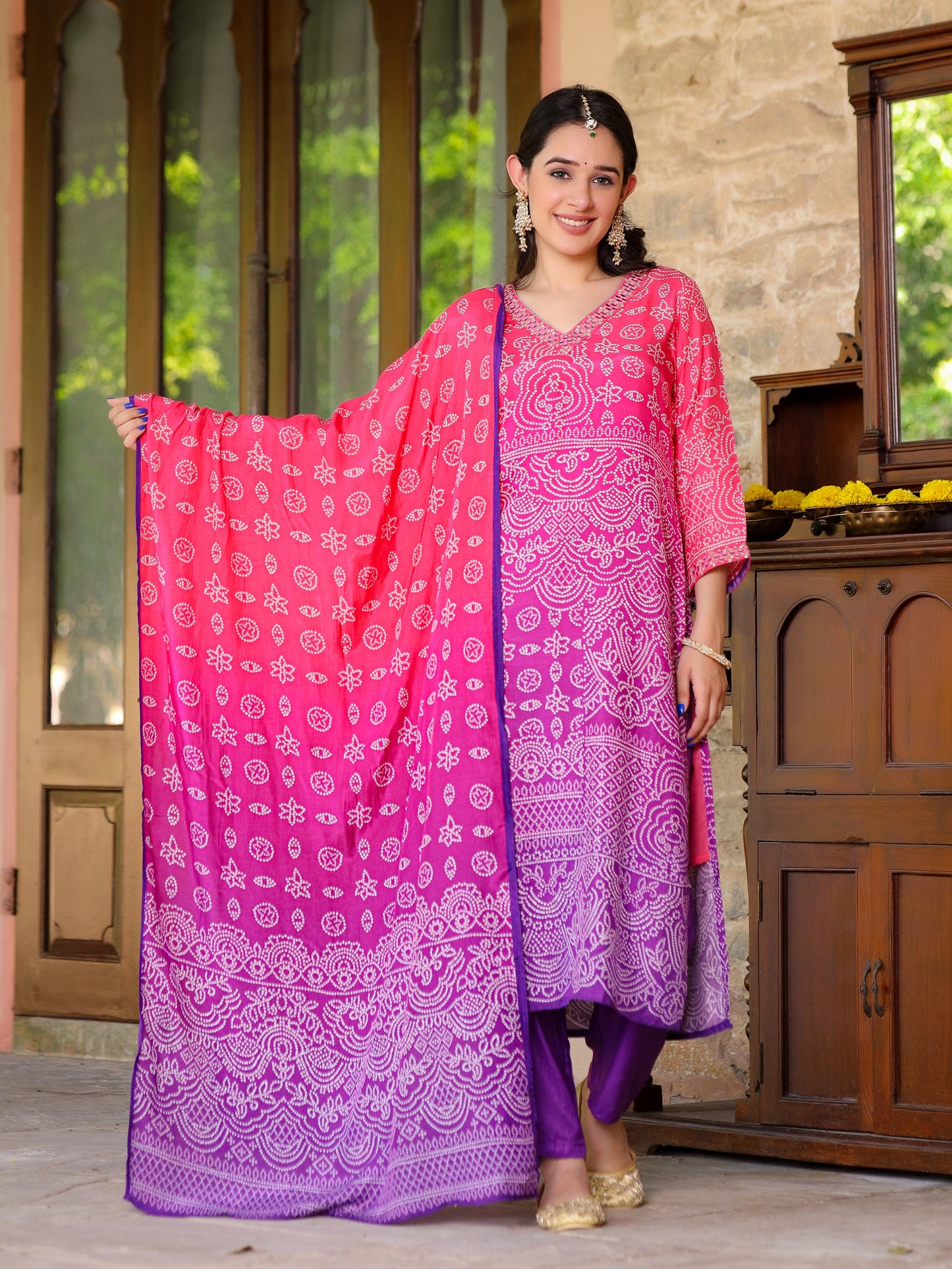 Purple Ombre Bandhni Suit Set