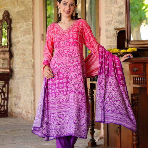 Purple Ombre Bandhni Suit Set