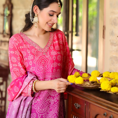 Purple Ombre Bandhni Suit Set