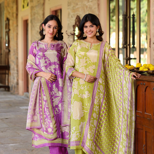 Pastel Green Floral Shimmer Suit Set