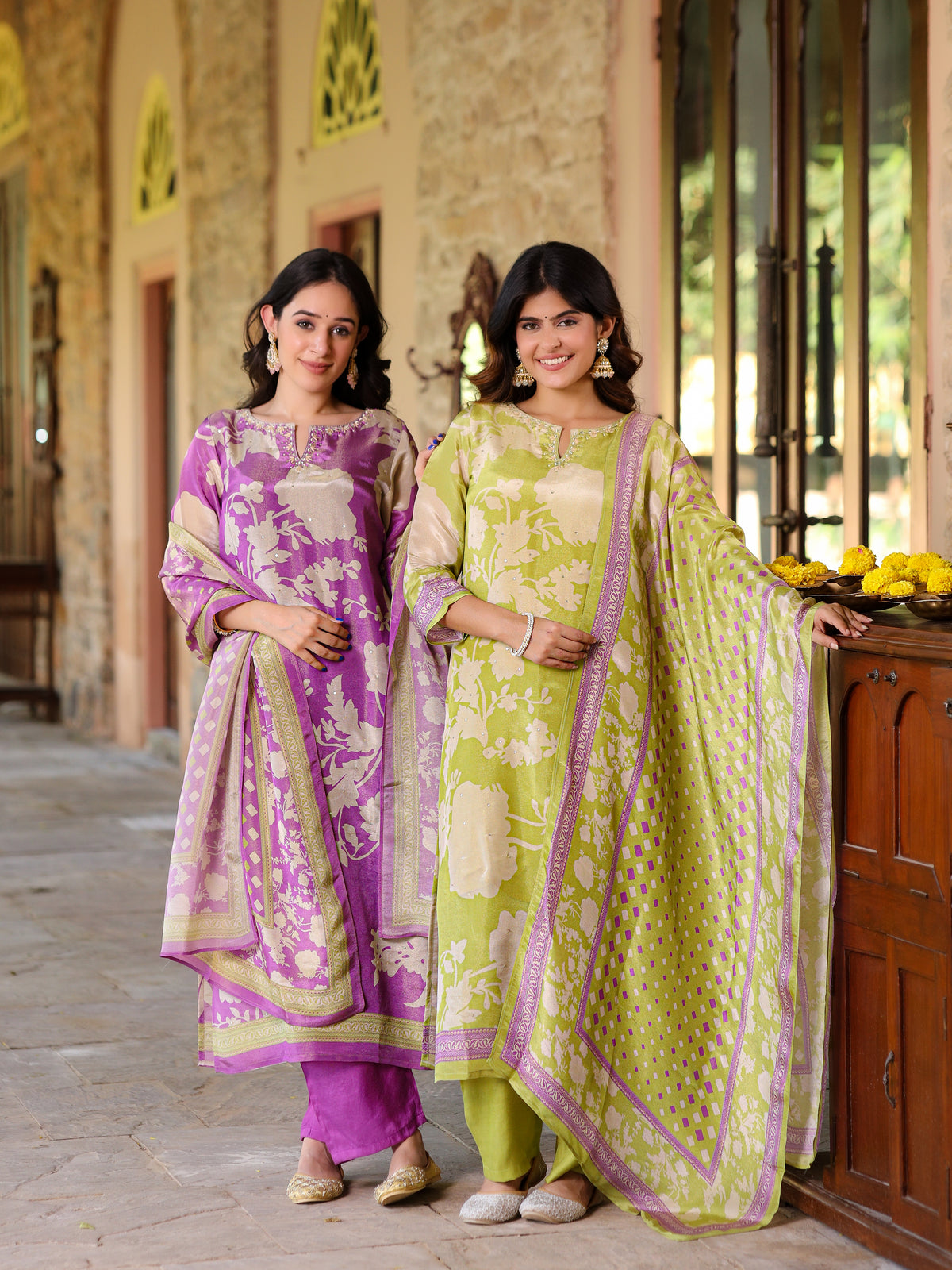 Pastel Green Floral Shimmer Suit Set