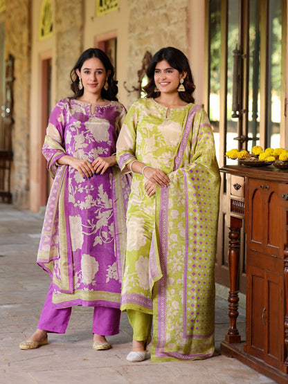 Pastel Green Floral Shimmer Suit Set