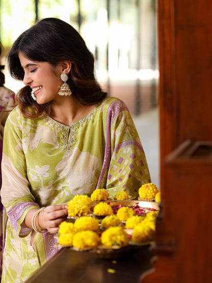 Pastel Green Floral Shimmer Suit Set