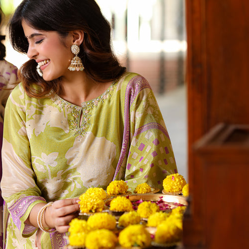 Pastel Green Floral Shimmer Suit Set