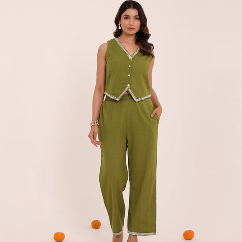 Olive Embroidered Vest Set