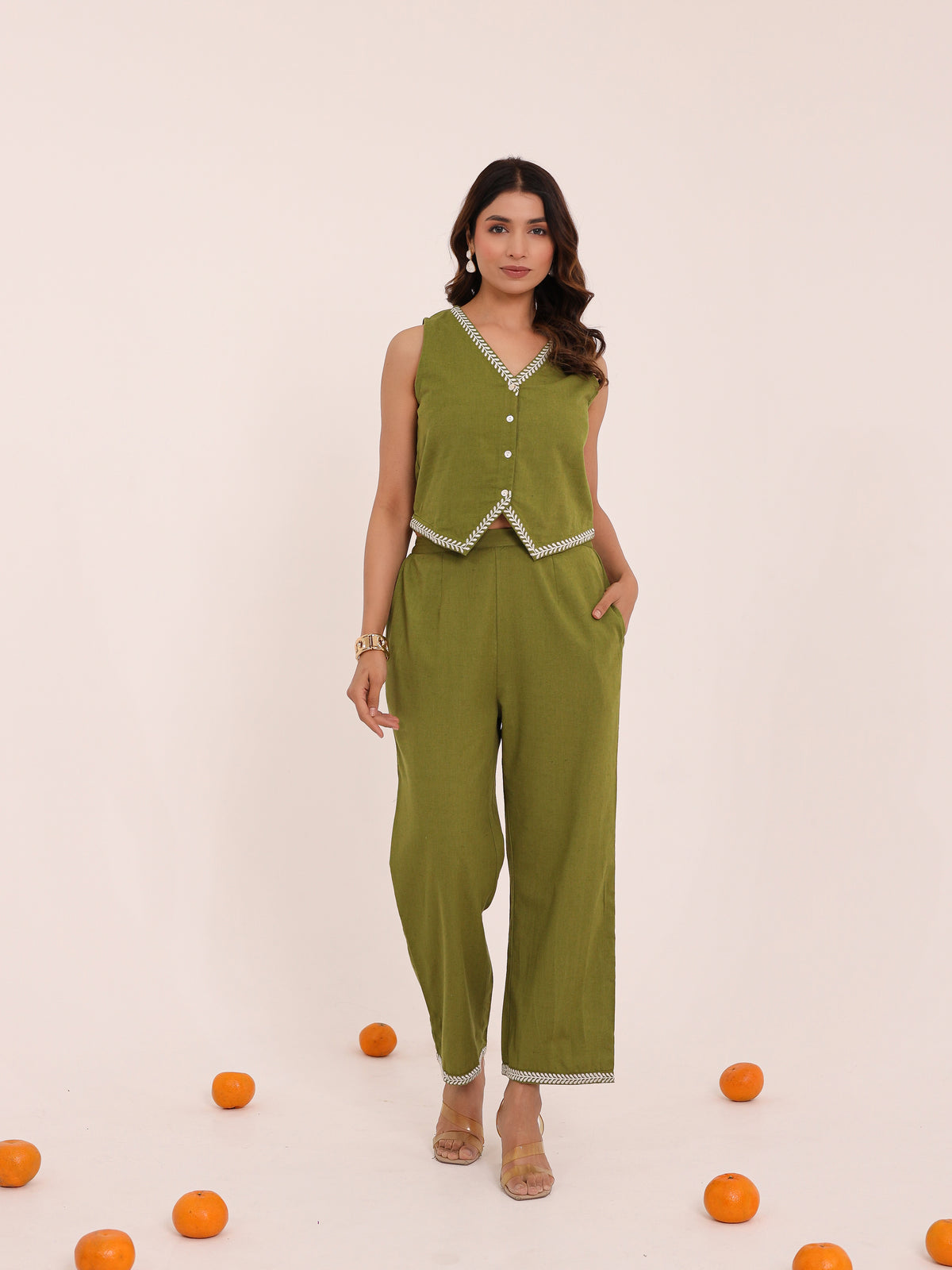 Olive Embroidered Vest Set